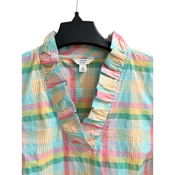 Crown & Ivy Pastel Plaid Ruffle Neck Top Preppy Old Money Classic Spring Summer - Picture 5 of 6